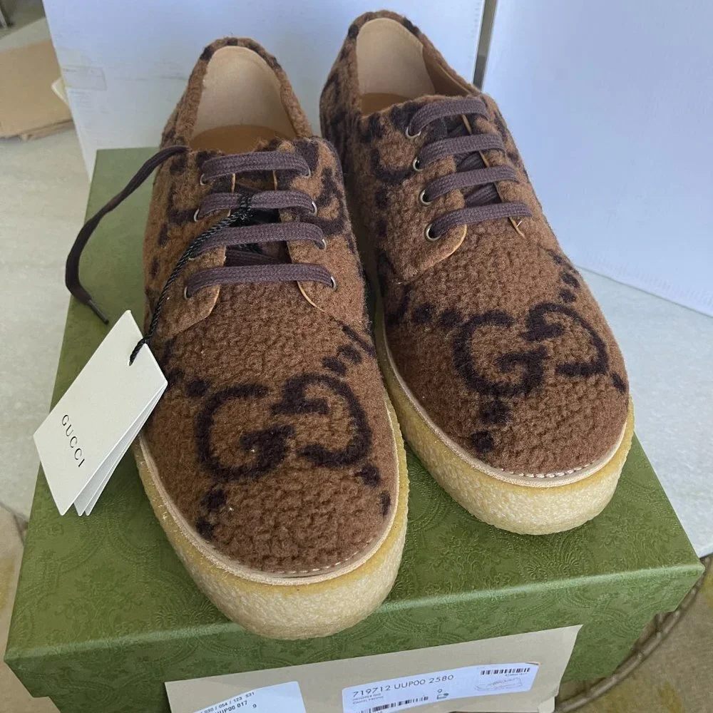 Gucci Hooper Men's Brown Lace up Knit Fur GG shoe, Sz. Gucci 9, , 719712